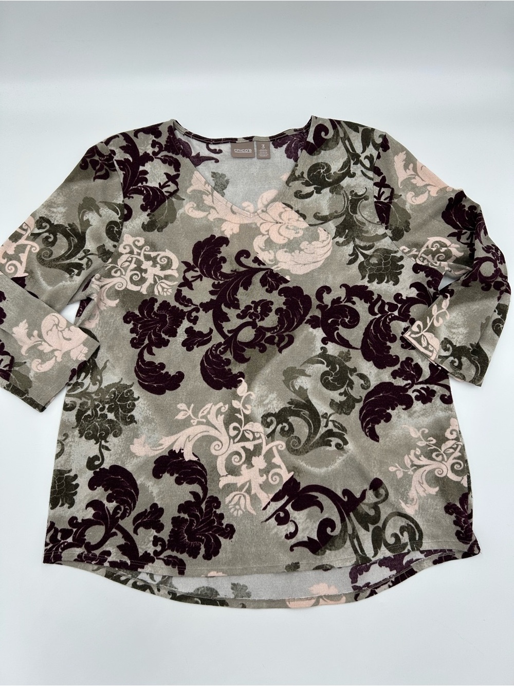 Chico's Olive, Blush & Burgundy Damask V-Neck Long Sleeve Top 3 or US 18